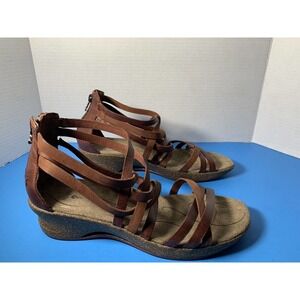 Ahnu Strappy Brown Leather Huarache Wedge Sandals Womens Size 10 Cork